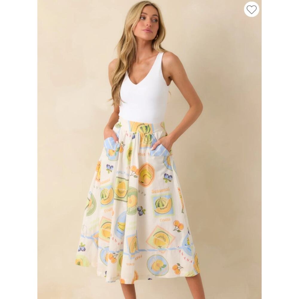 Prosperina Annie Orchard Print Apron Midi Skirt Linen Cotton Size M NWT Rare - Picture 2 of 11